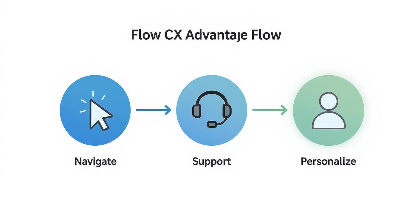 A diagram illustrating the Flow CX Advantage flow with steps: Navigate, Support, and Personalize.