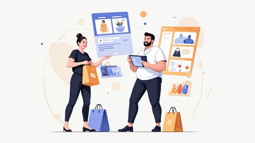 A stylized graphic showing a customer receiving a loyalty reward on their phone, with icons for points, badges, and exclusive perks surrounding them.