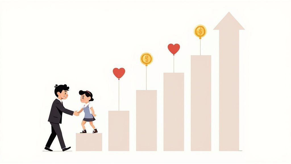 Business mentor helping person climb growth chart with hearts and money symbols representing loyalty rewards