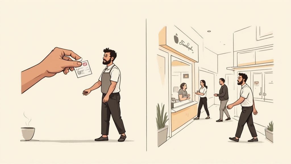 A stylized chart showing a rising arrow labeled 'Profit' with customer icons around it, symbolizing growth from existing customers.