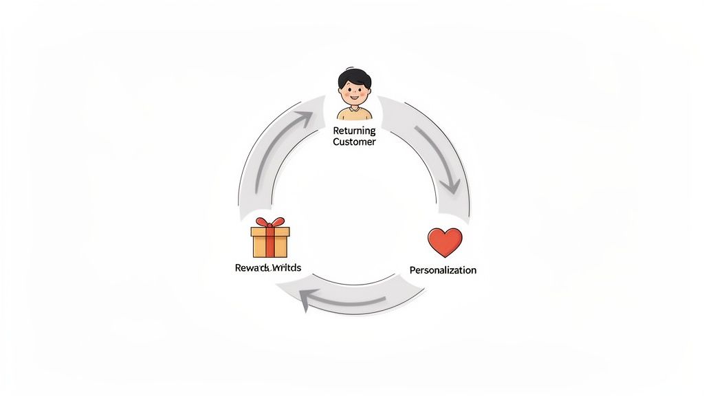 A diagram shows a customer retention loop: Returning Customer to Personalization, then Rewards/Credits, and back to the customer.