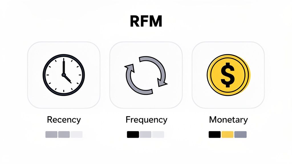 An RFM model diagram showing recency (clock), frequency (arrows), and monetary (dollar coin).