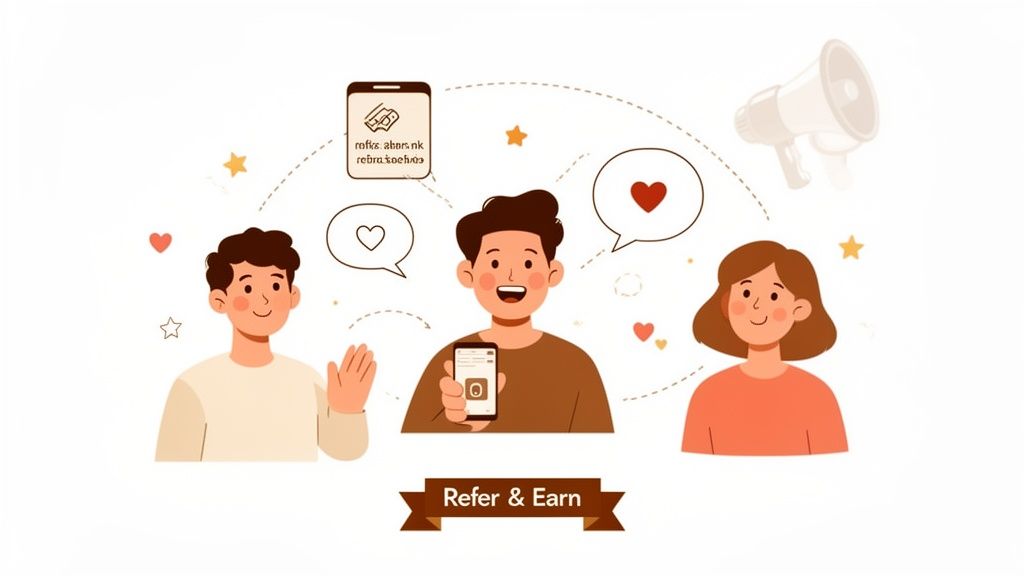 Illustration of a refer and earn program with people, a smartphone, and rewards.