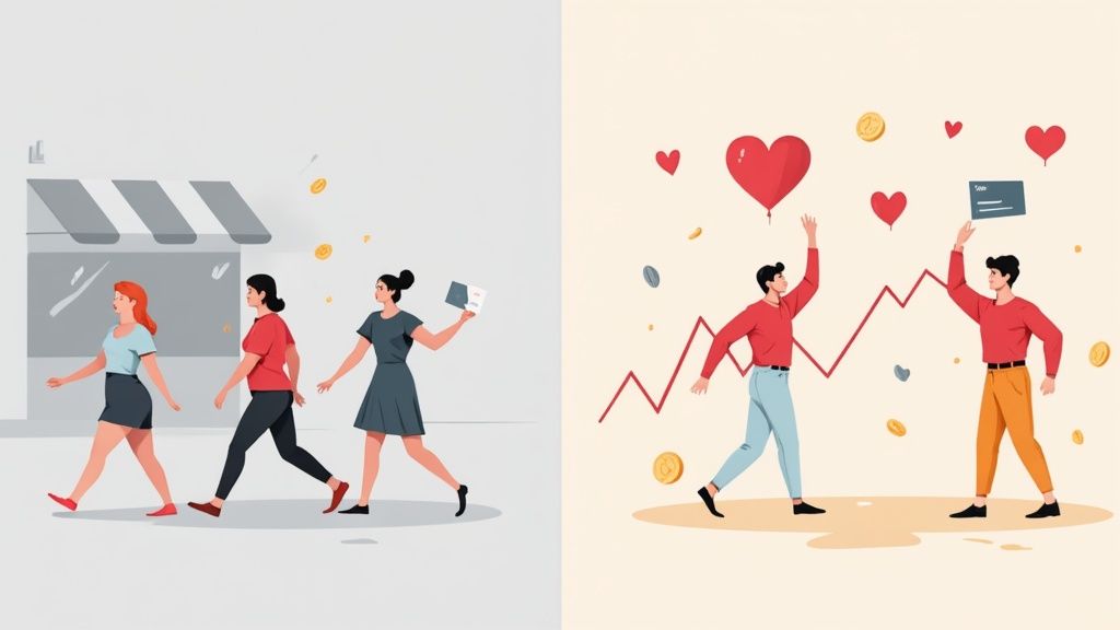 A store owner smiling while looking at a mobile device displaying business analytics, with a customer in the background.