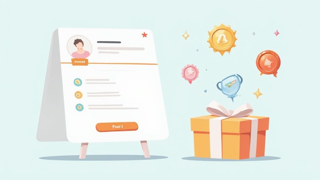 Illustration of a customer profile card on a stand next to a gift box with loyalty rewards.