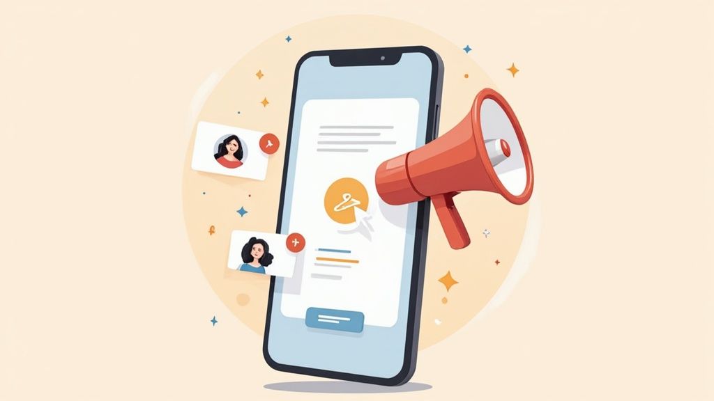 Stylized illustration of people sharing recommendations.