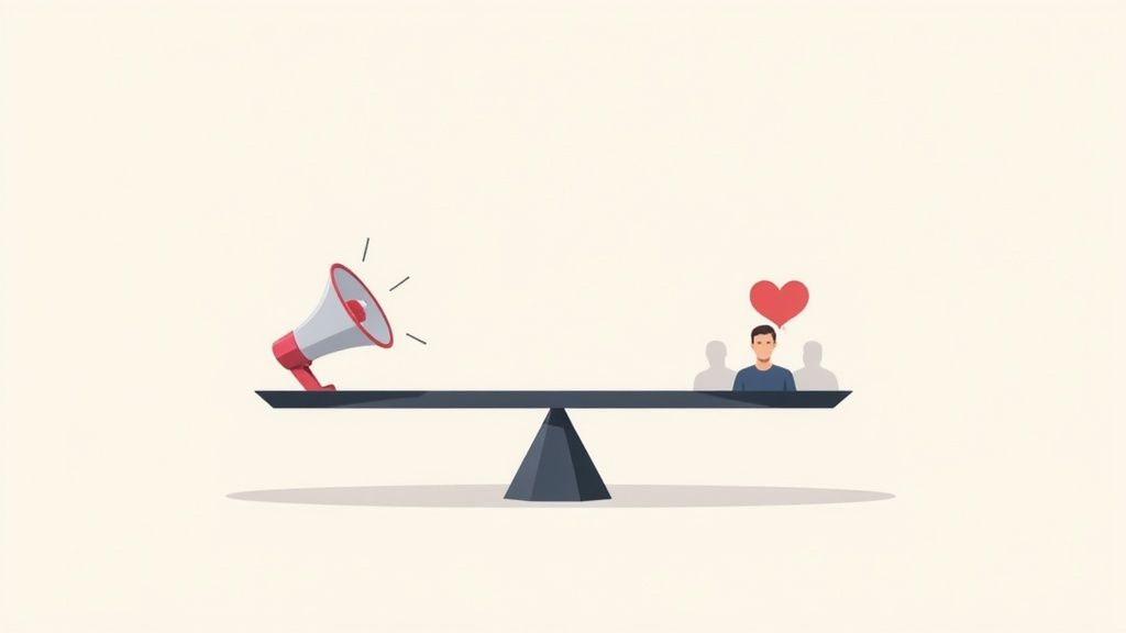 A balance scale featuring a megaphone on the left and a group of people with a heart on the right.