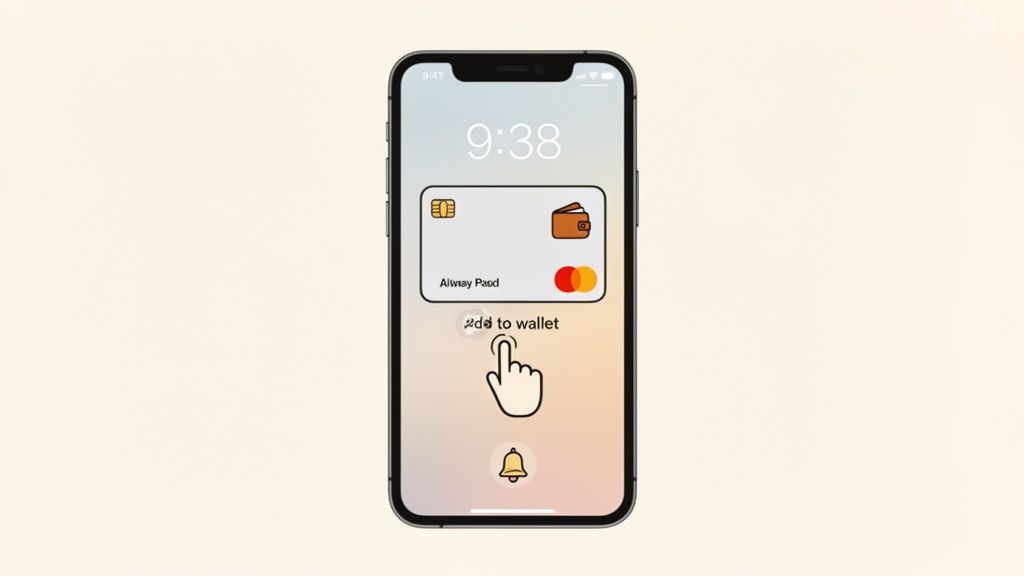 A hand taps an iPhone screen displaying a digital reward card and 'Add to wallet' option.