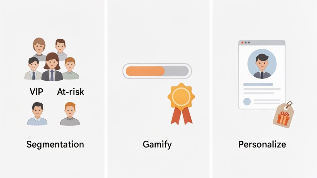 Digital illustration depicting customer segmentation, gamification, and personalization strategies for loyalty programs.
