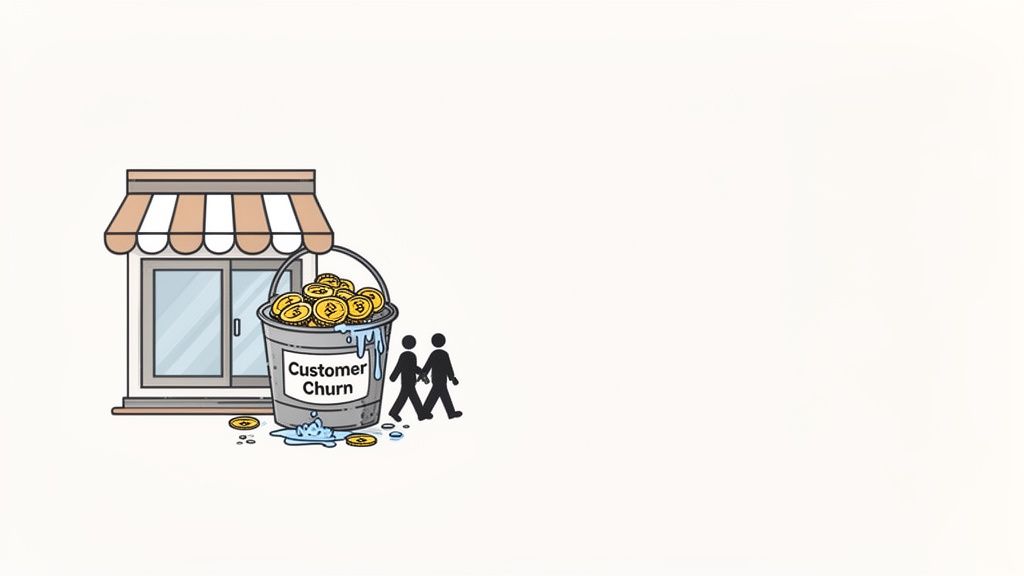 A storefront with a bucket labeled 'Customer Churn' overflowing with coins, as customers walk away.