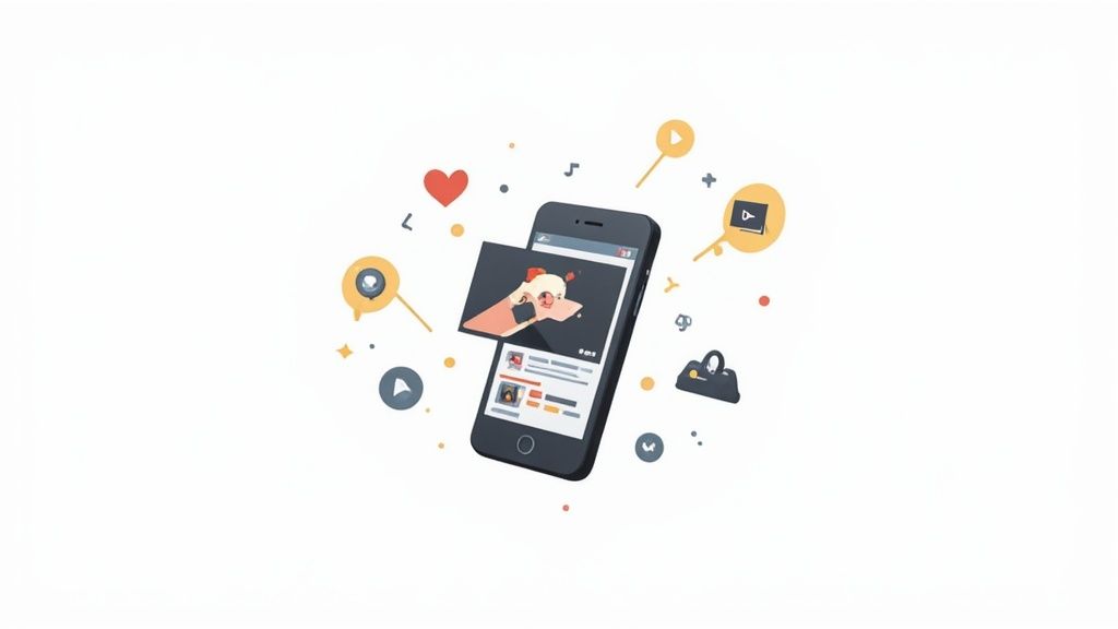 A smartphone displays social media content surrounded by icons representing interaction, media, and commerce.