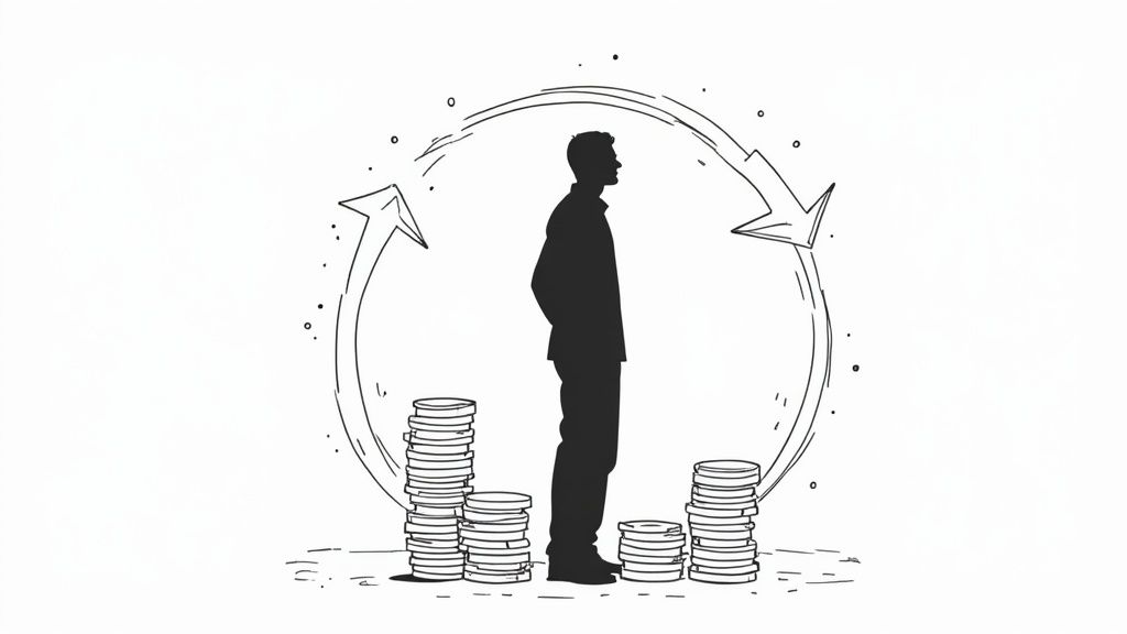 A balance scale with a dollar sign on one side and a group of happy customers on the other, representing the balance between Customer Acquisition Cost (CAC) and Lifetime Value (LTV).