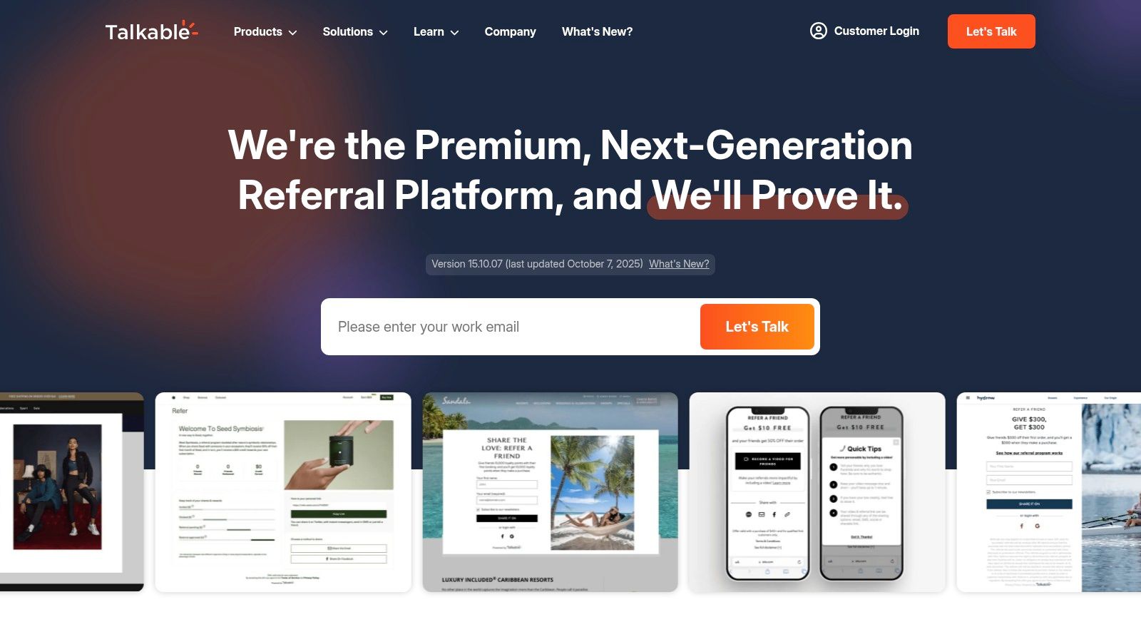 Talkable platform showing a dashboard with referral program analytics and options