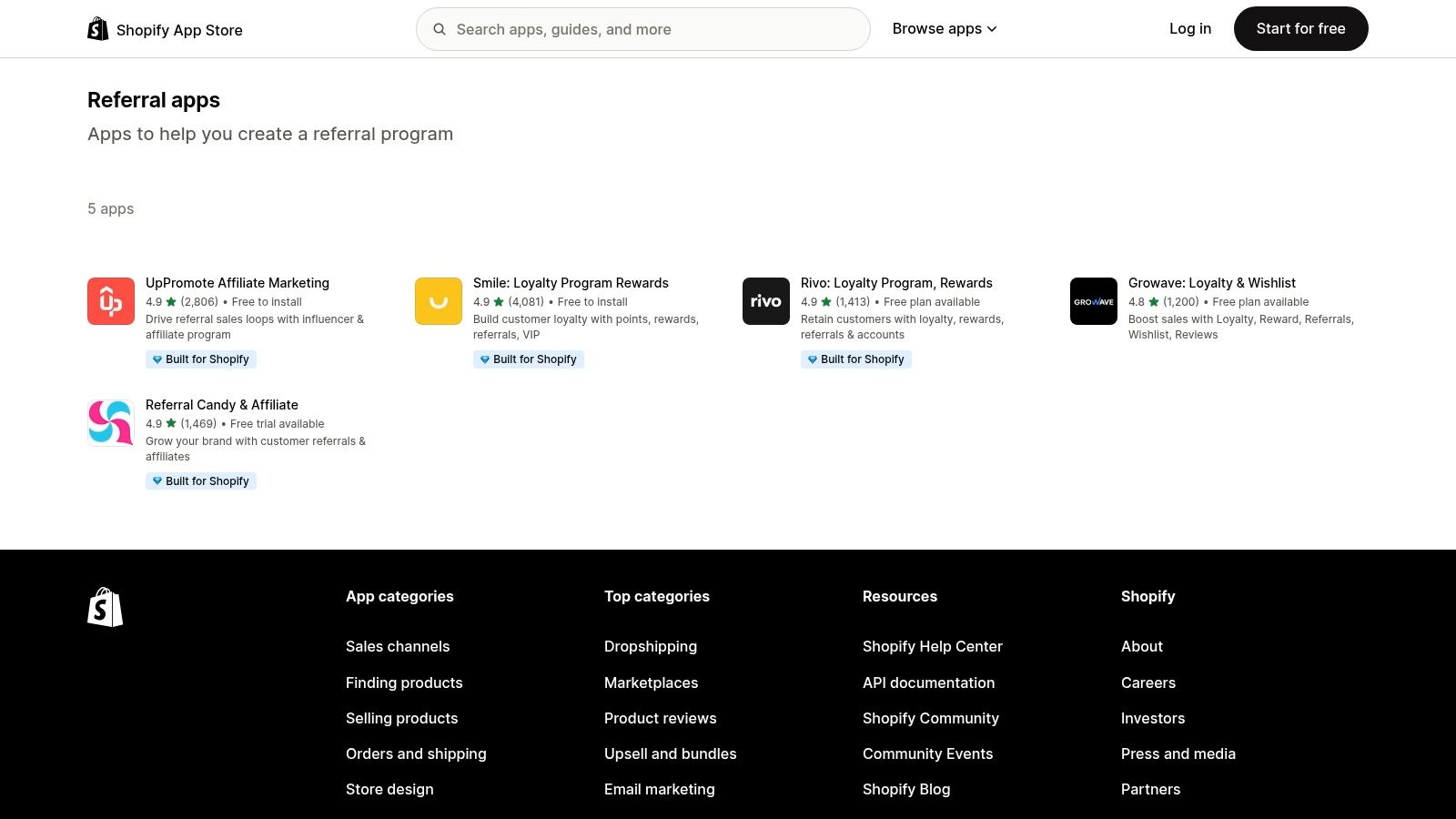 Shopify App Store – Referral Apps Collection showing various referral apps like Rivo and UpPromote