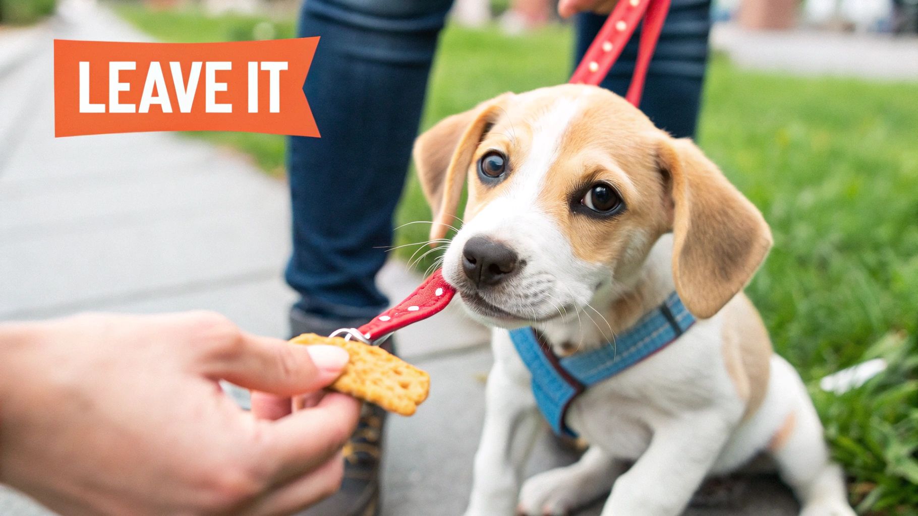 A person training a puppy in a grassy field, using positive reinforcement.