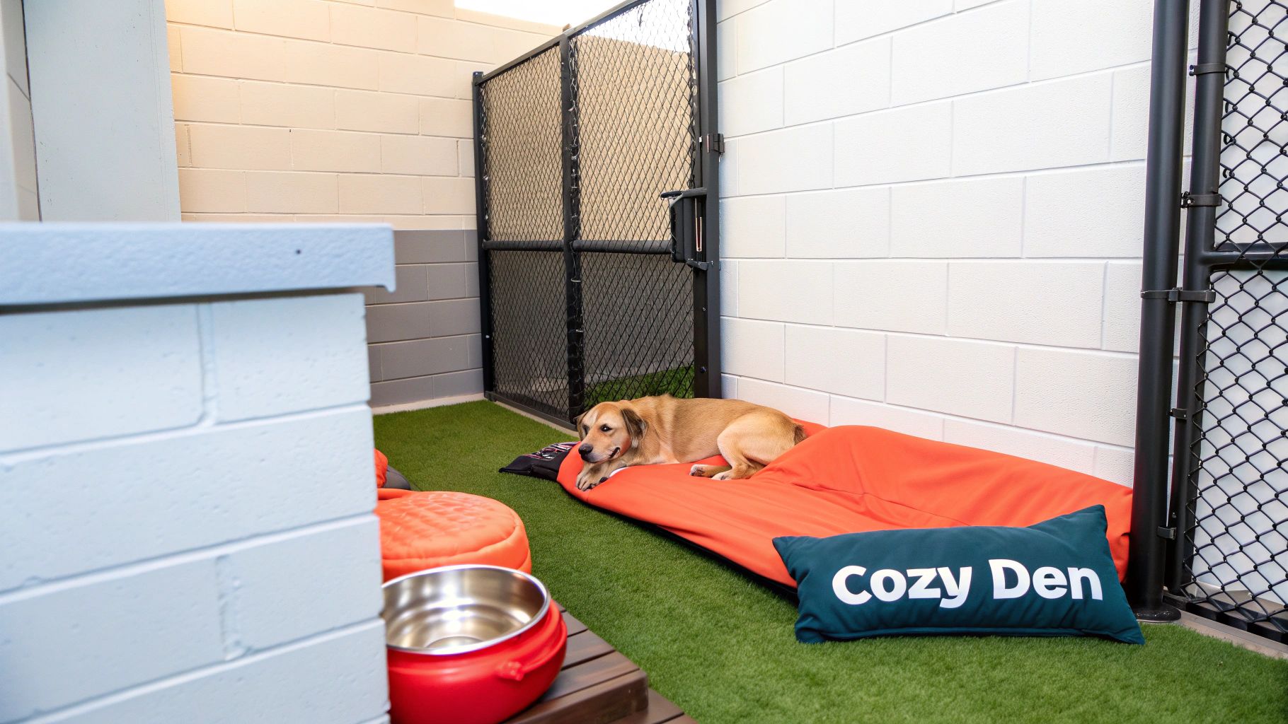 A cozy indoor outdoor dog kennel with a comfortable bed and toys inside.