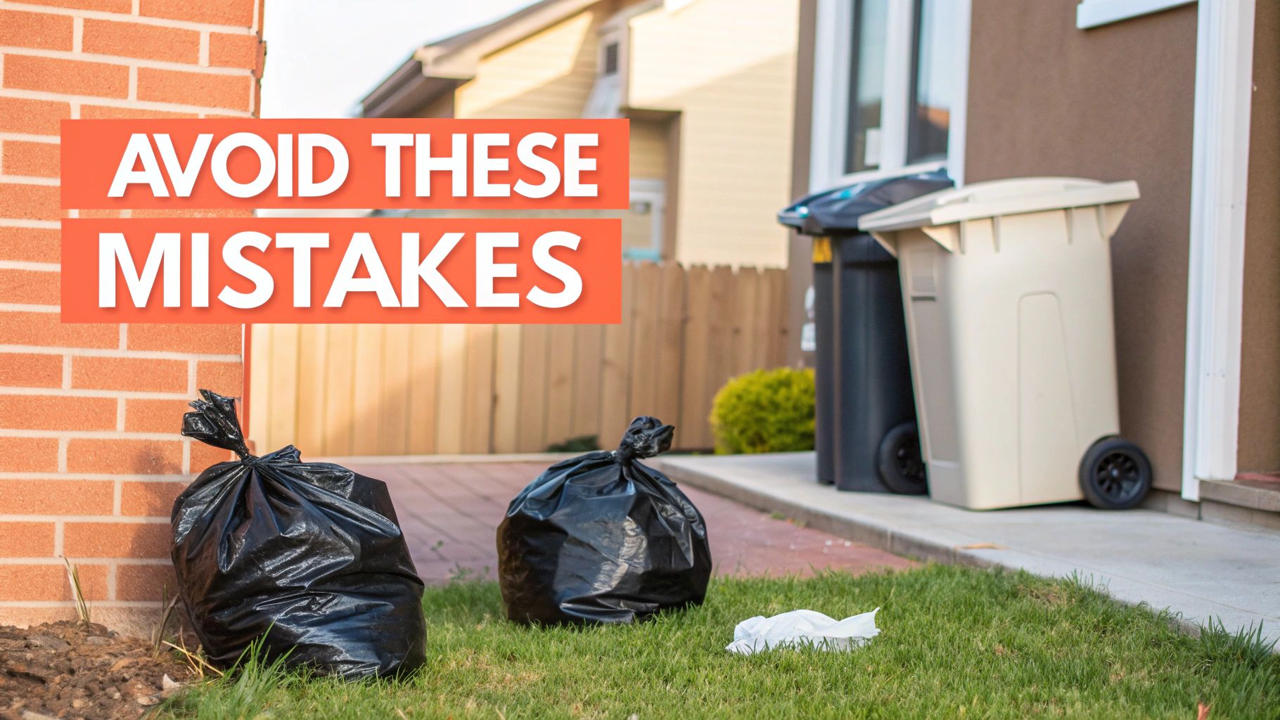 A person picking up dog waste with a pooper scooper in a grassy yard, with a red "X" over the image to signify a mistake to avoid.