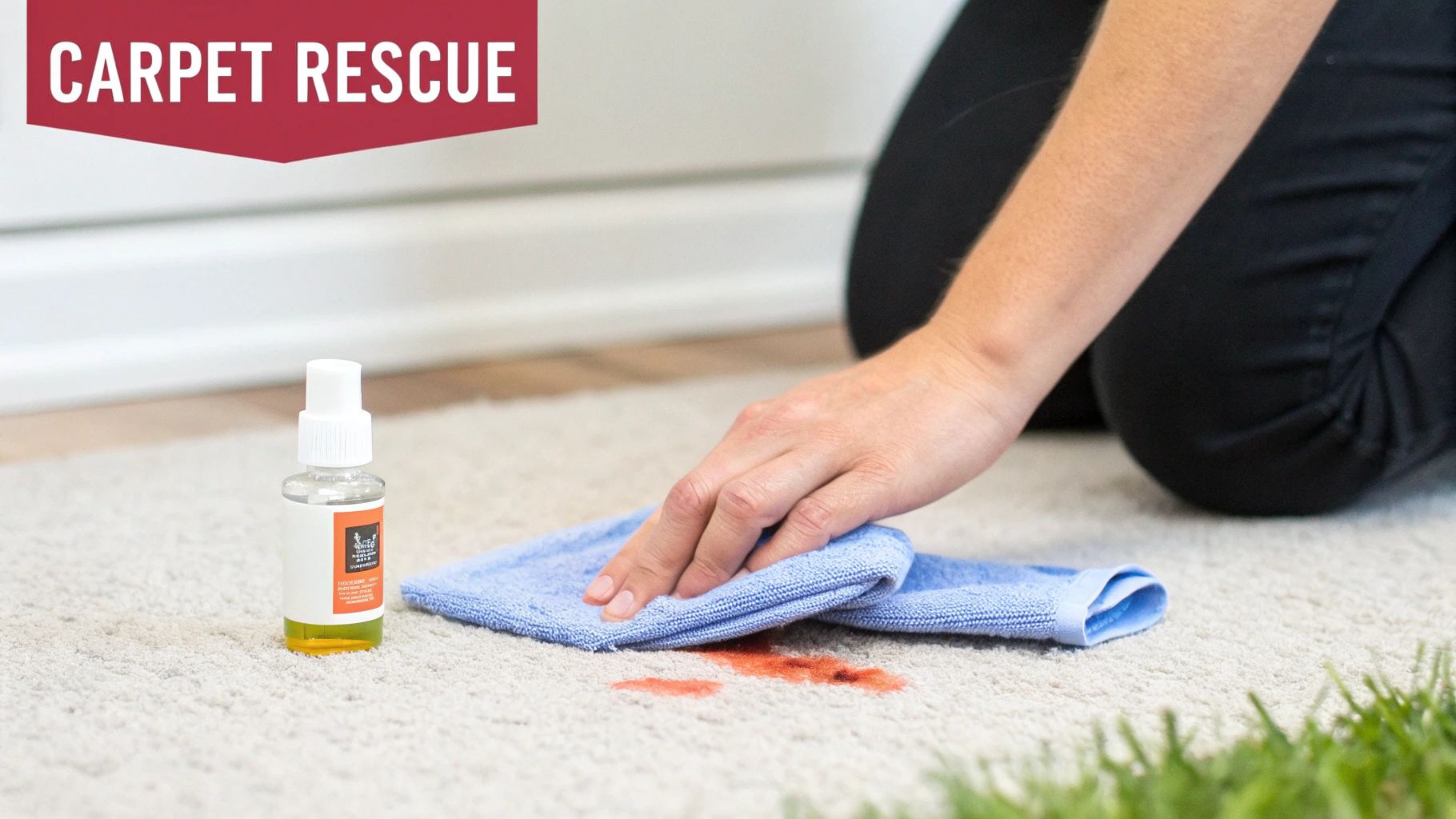 Dog lying on a light-colored carpet in a living room.