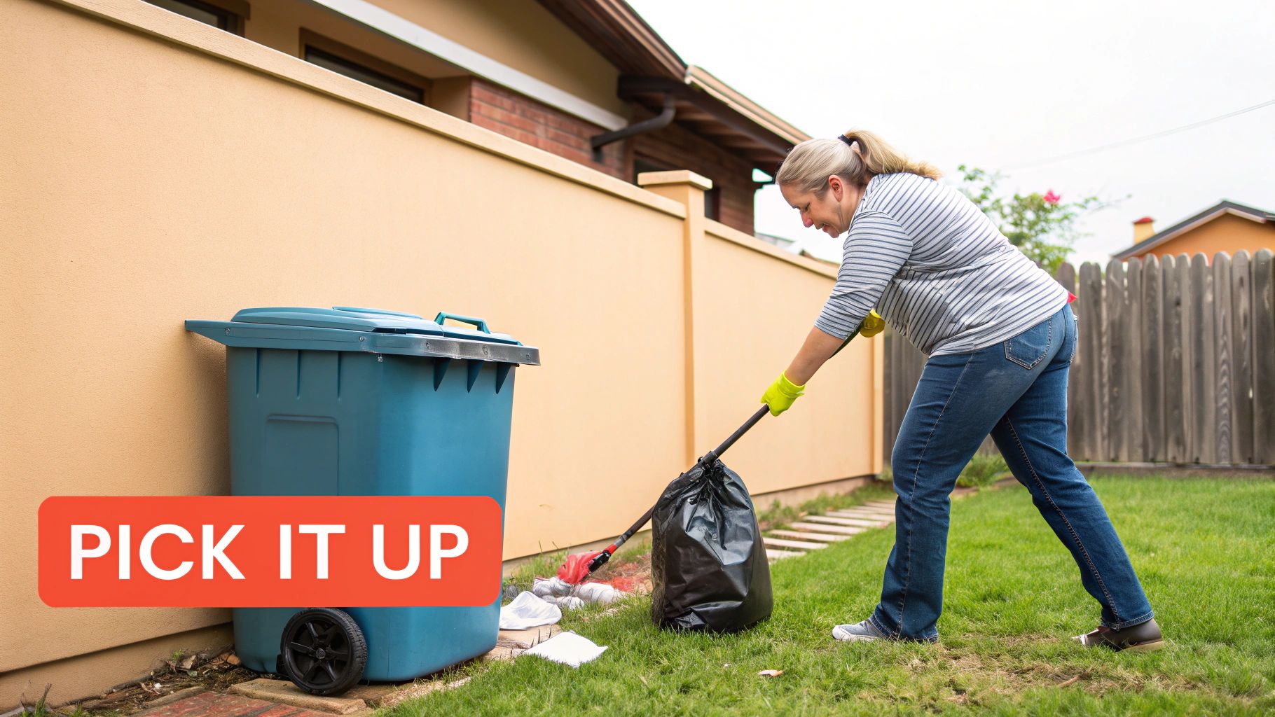 A dog owner using a pooper scooper to clean up waste in a yard, demonstrating responsible pet ownership.