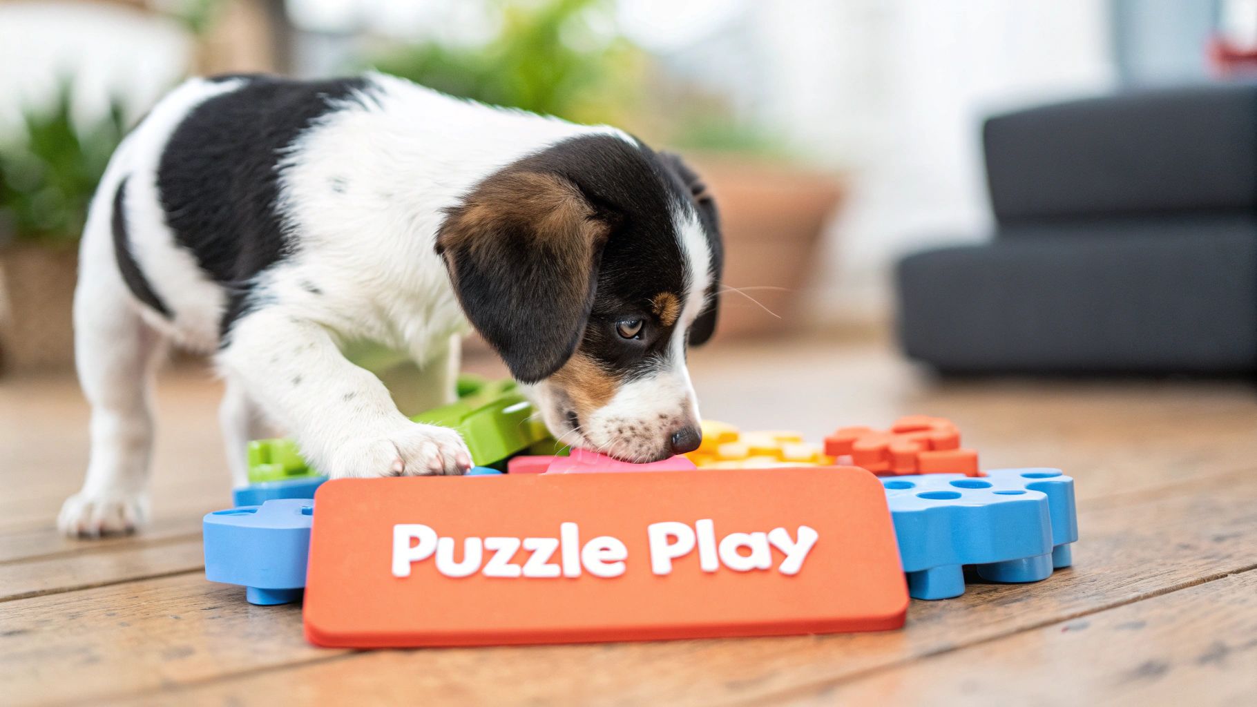 A puppy playing with a colorful puzzle toy on a living room floor.