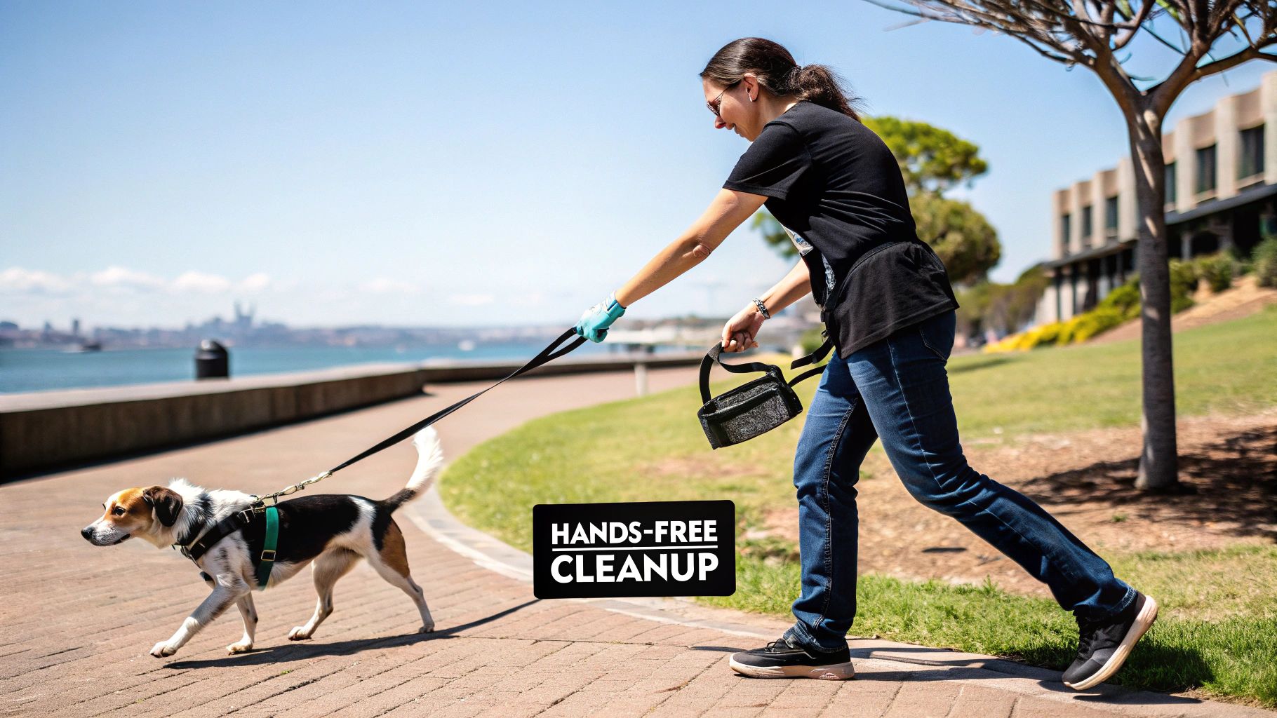 A dog owner happily walking their dog with a leash-mounted PoTomo scooper.