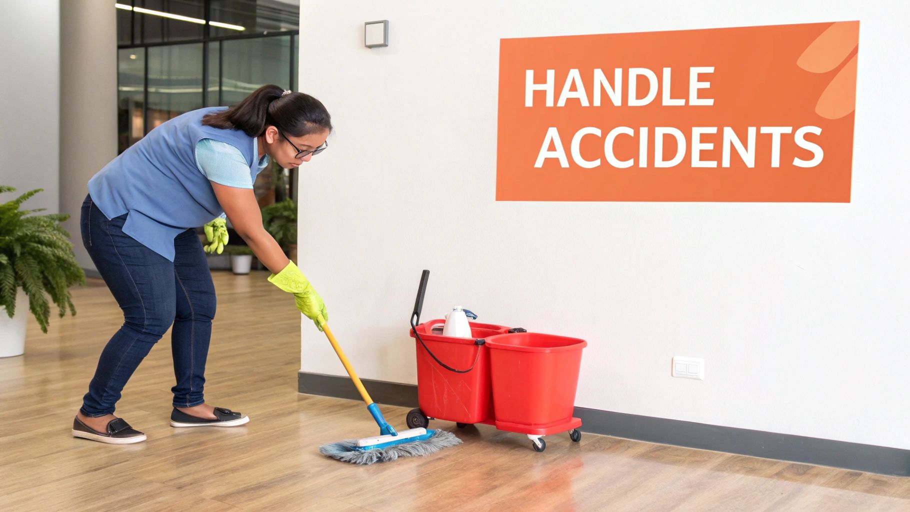 A cleaning worker in a blue shirt and yellow gloves mops a clean floor next to a red cart.