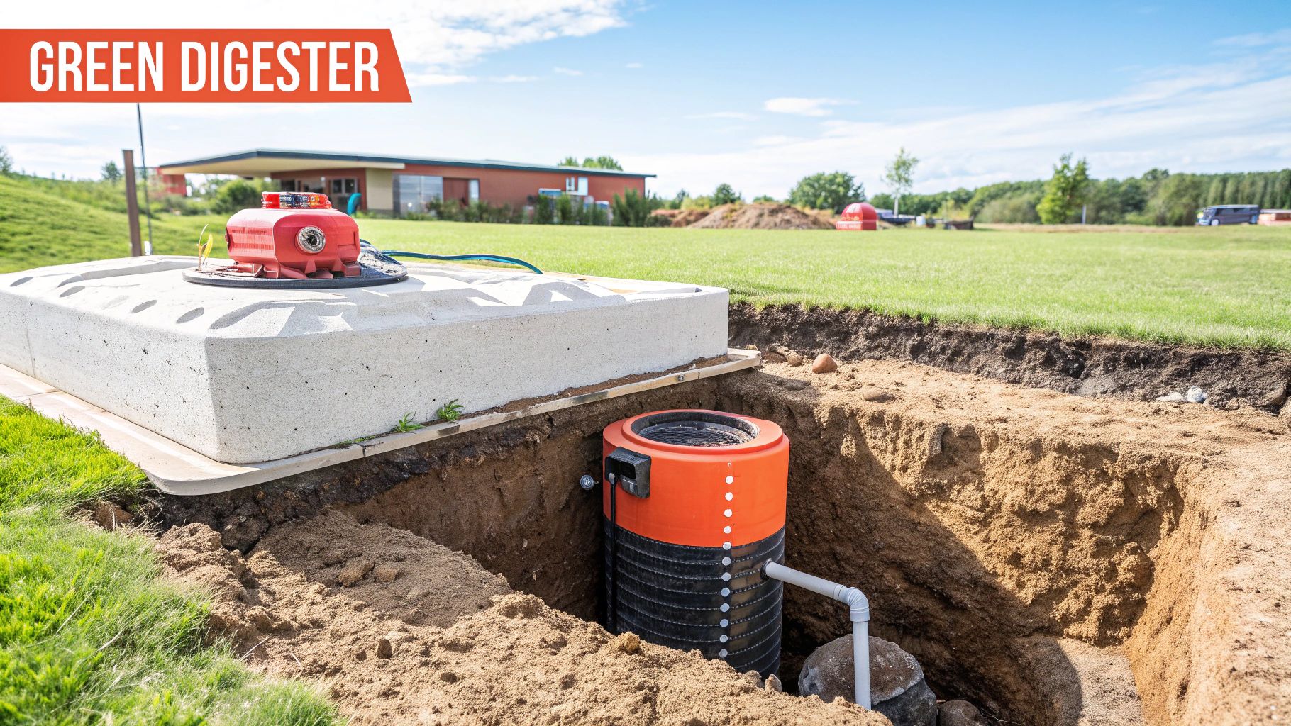 A small green access lid for a dog waste digester sits flush in a healthy, green lawn.