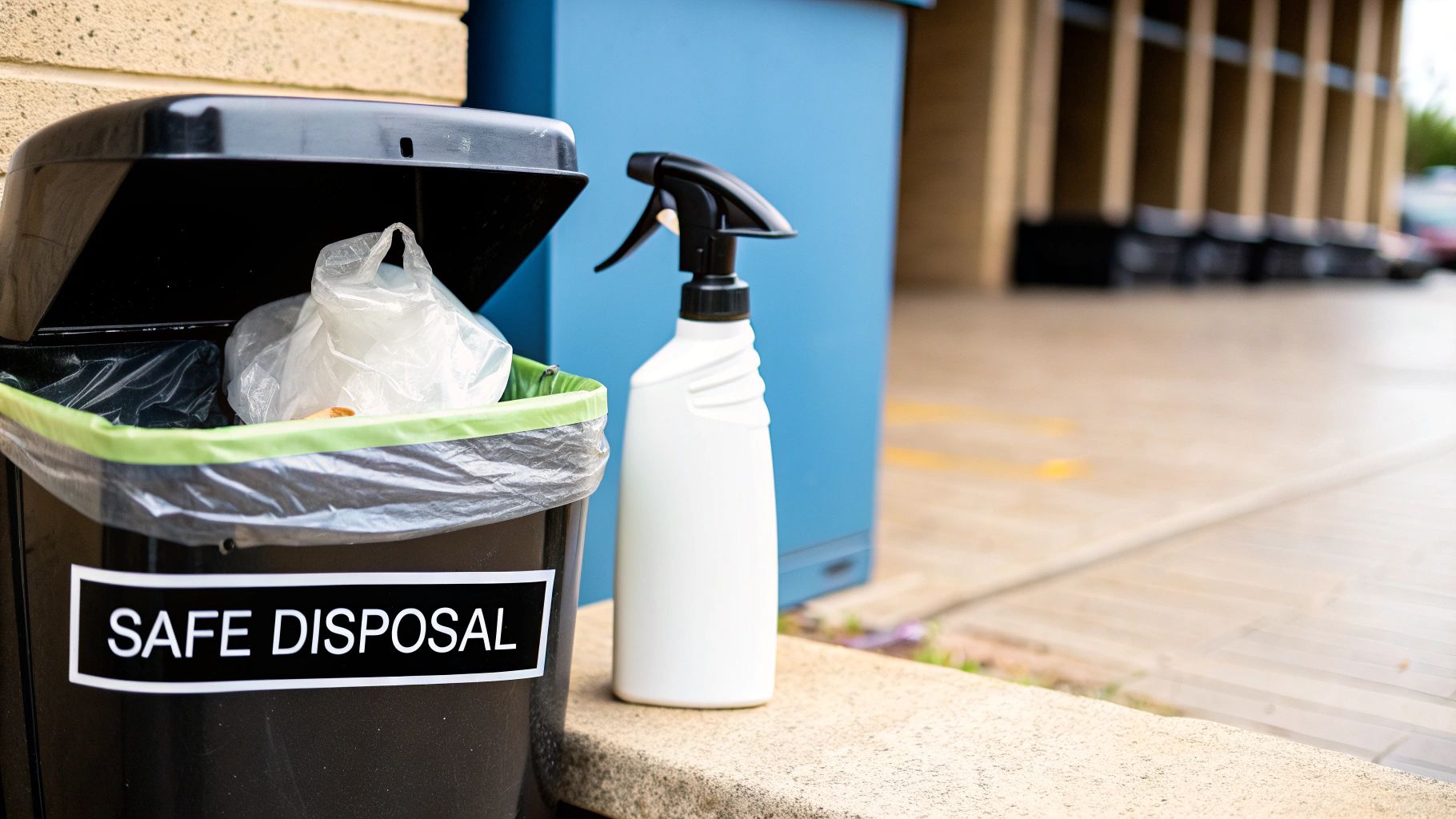 A person responsibly throwing a dog poop bag into a designated public waste bin.