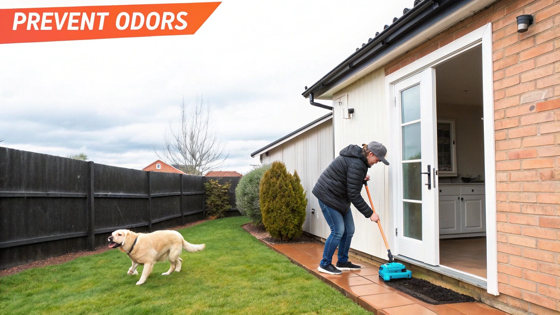 A happy dog sitting next to its owner in a clean, fresh-smelling living room.