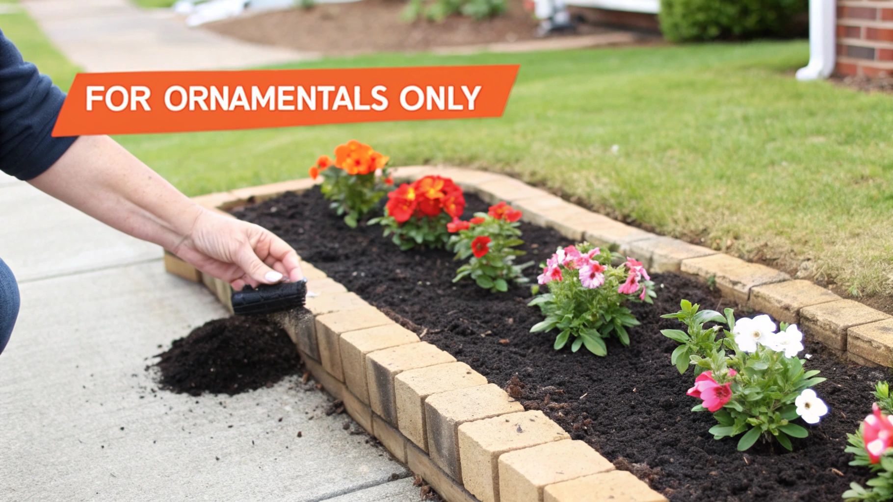 A person spreading rich, dark compost around ornamental flowers in a garden bed.
