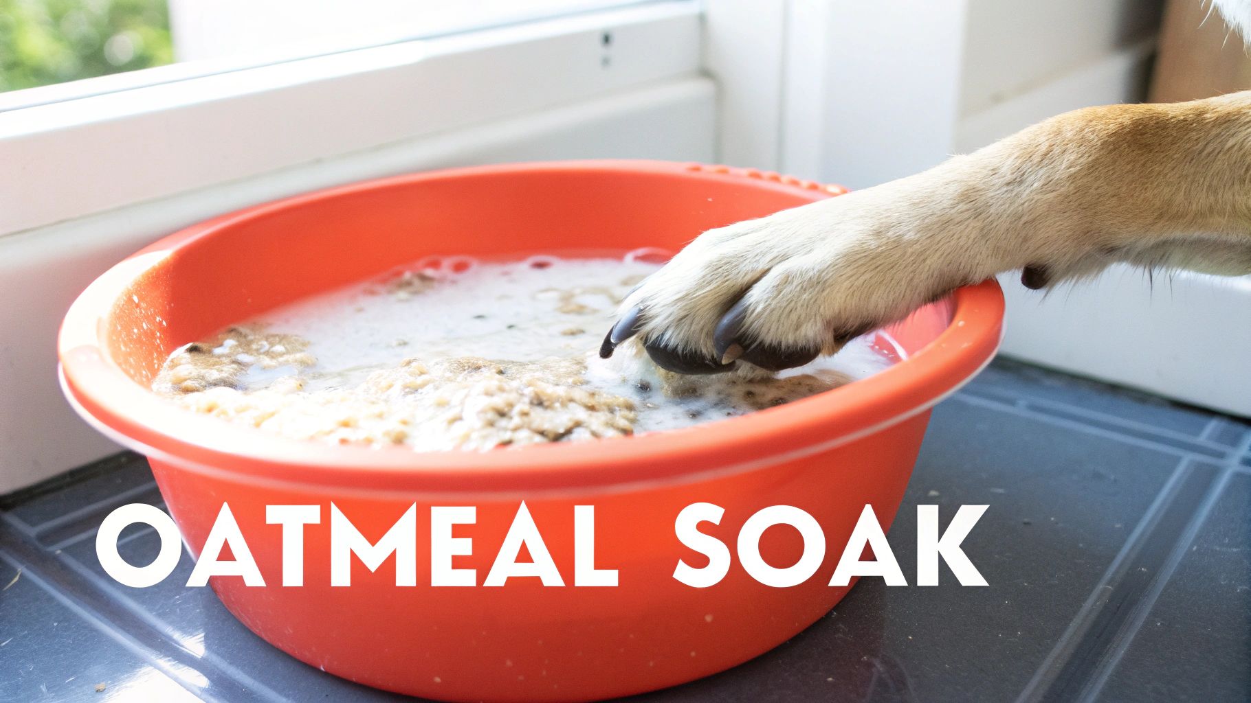 Dog paw soaking in oatmeal bath solution in orange bowl for paw relief treatment