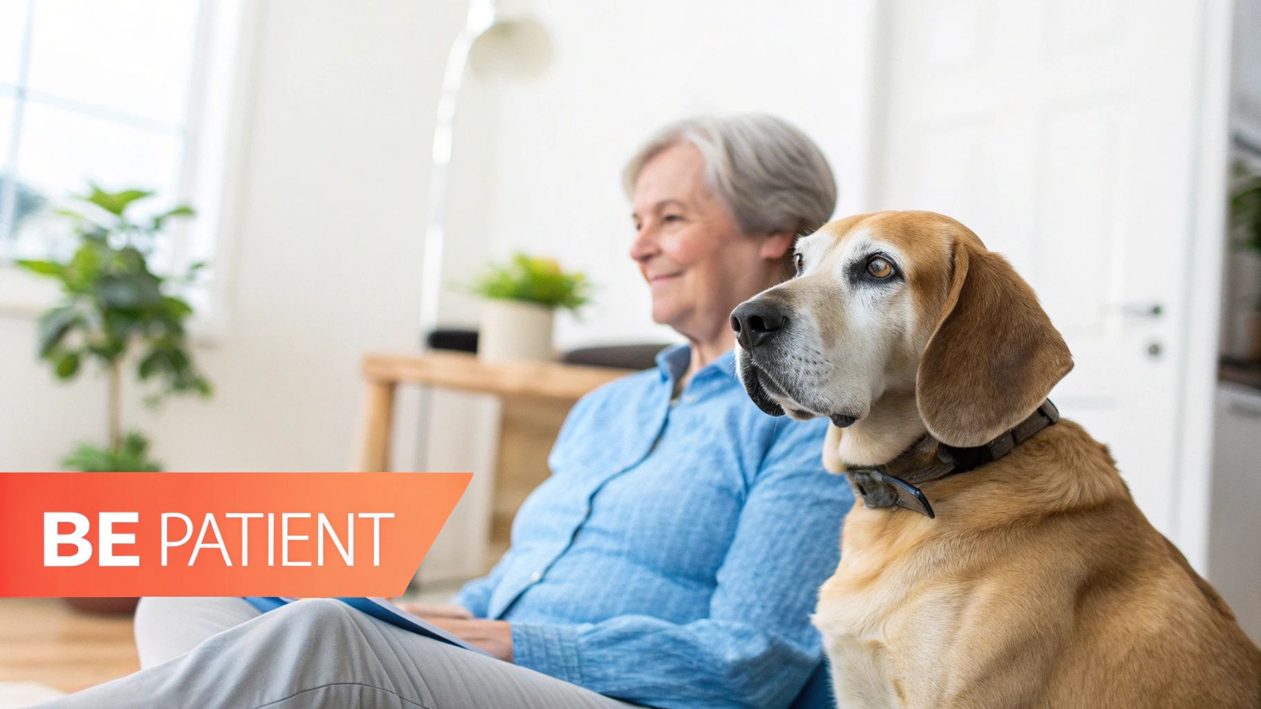An older woman sits patiently with her senior dog, next to the text 'BE PATIENT'.