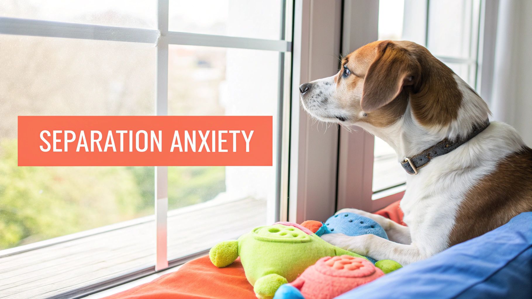 Anxious dog looking out a window, waiting for its owner to return.