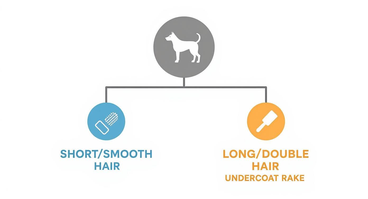 Dog grooming tools infographic showing brush for short hair and undercoat rake for long hair