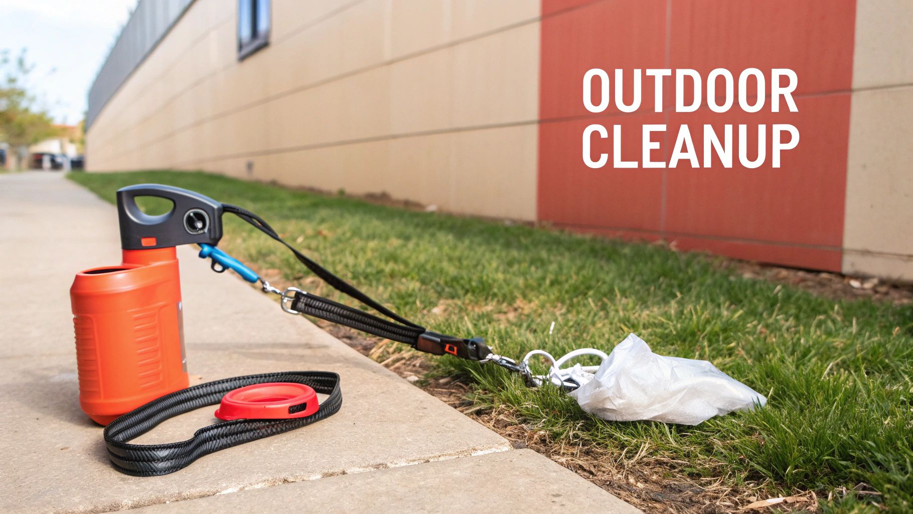 A person walking a dog on a leash in a grassy park setting.