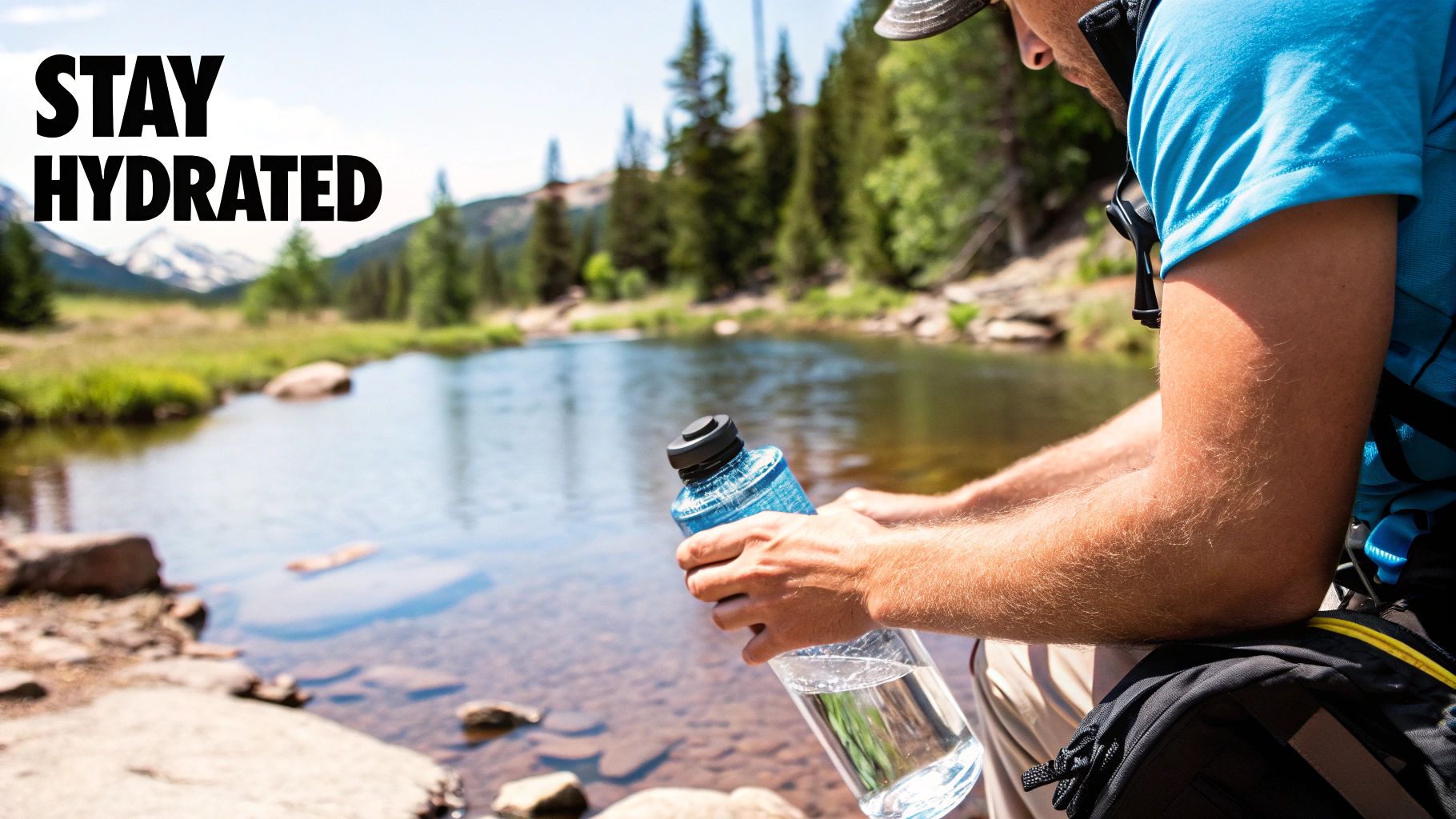 A hiker drinking water from a hydration reservoir on a sunny trail