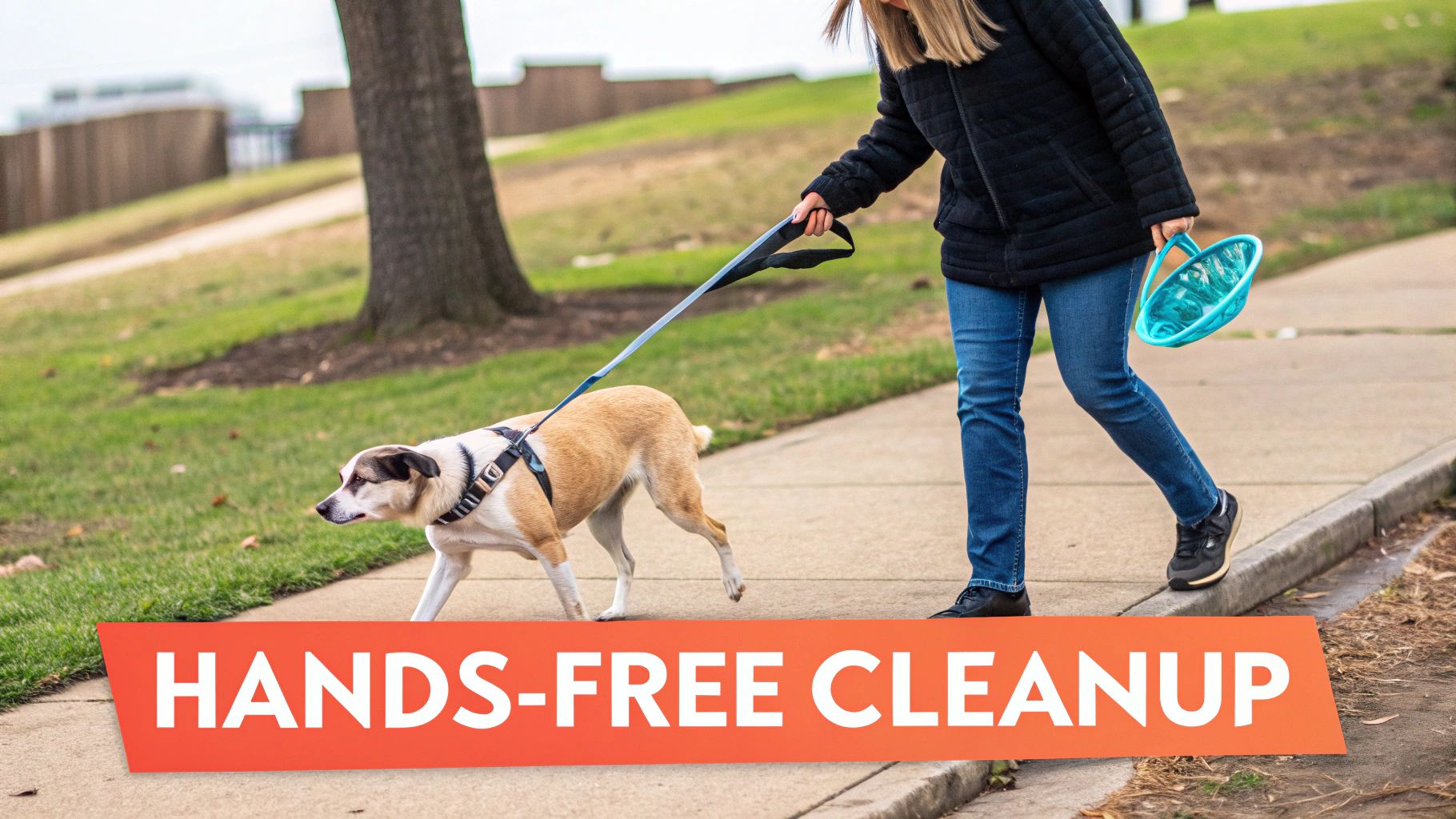 A person demonstrates the easy dog poop clean up method with a clip-on scooper.