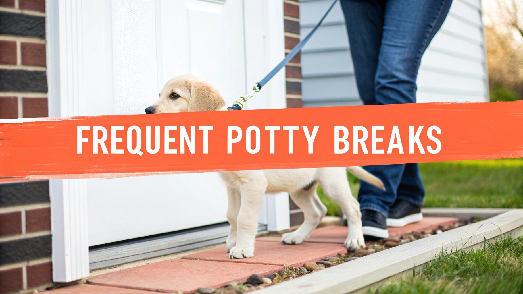 A happy puppy playing with a toy in a yard, showing a more developed and confident stage.