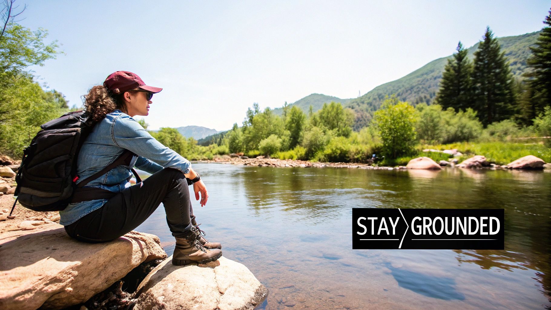 A solo hiker taking a break, sitting peacefully on a log in a sunlit forest.
