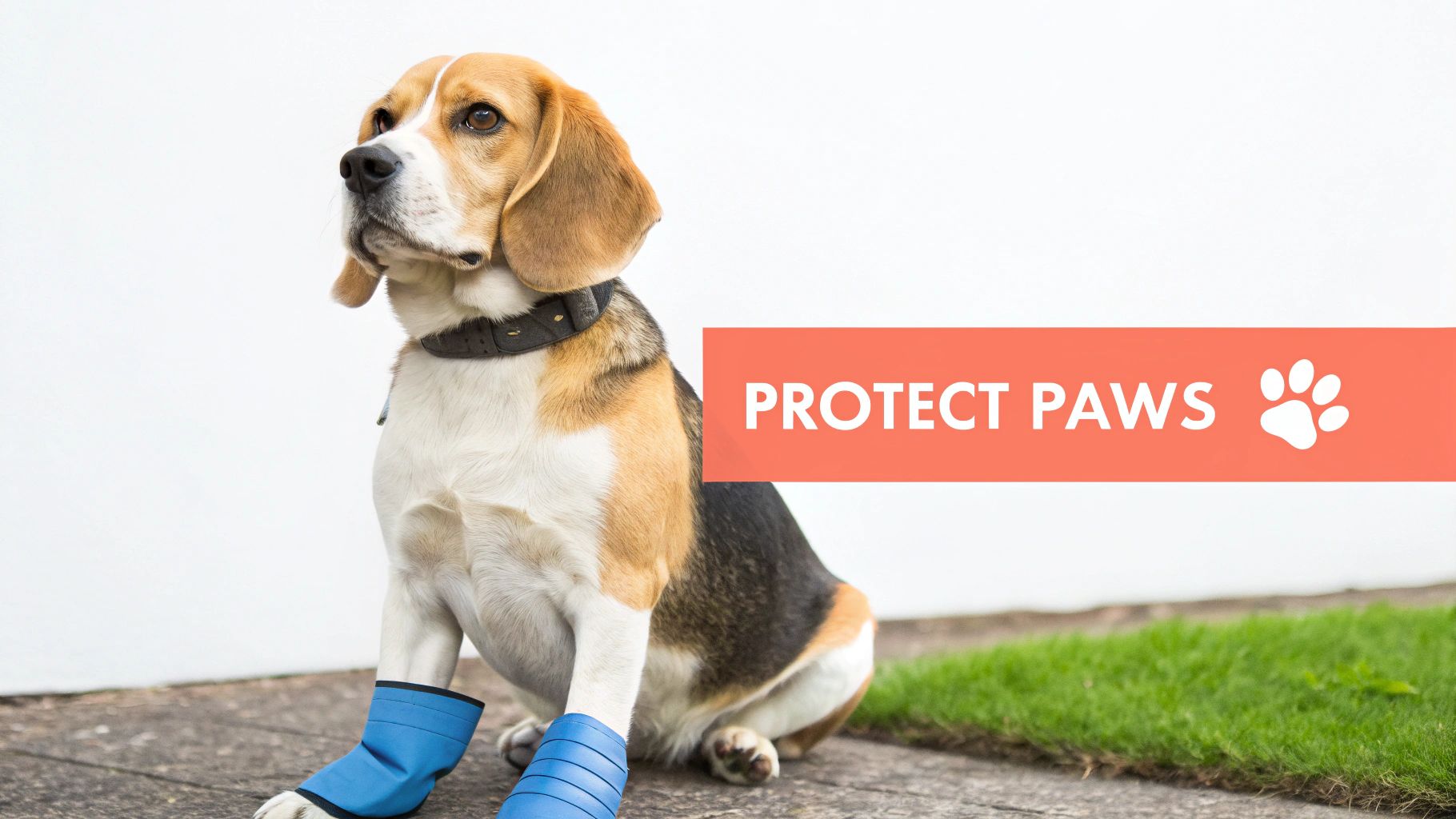 Beagle dog wearing blue protective boots with Protect Paws text for paw care awareness