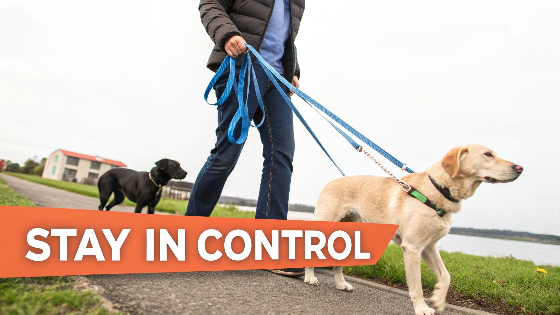 A person walks two dogs, a black and a yellow Labrador, on leashes outdoors.