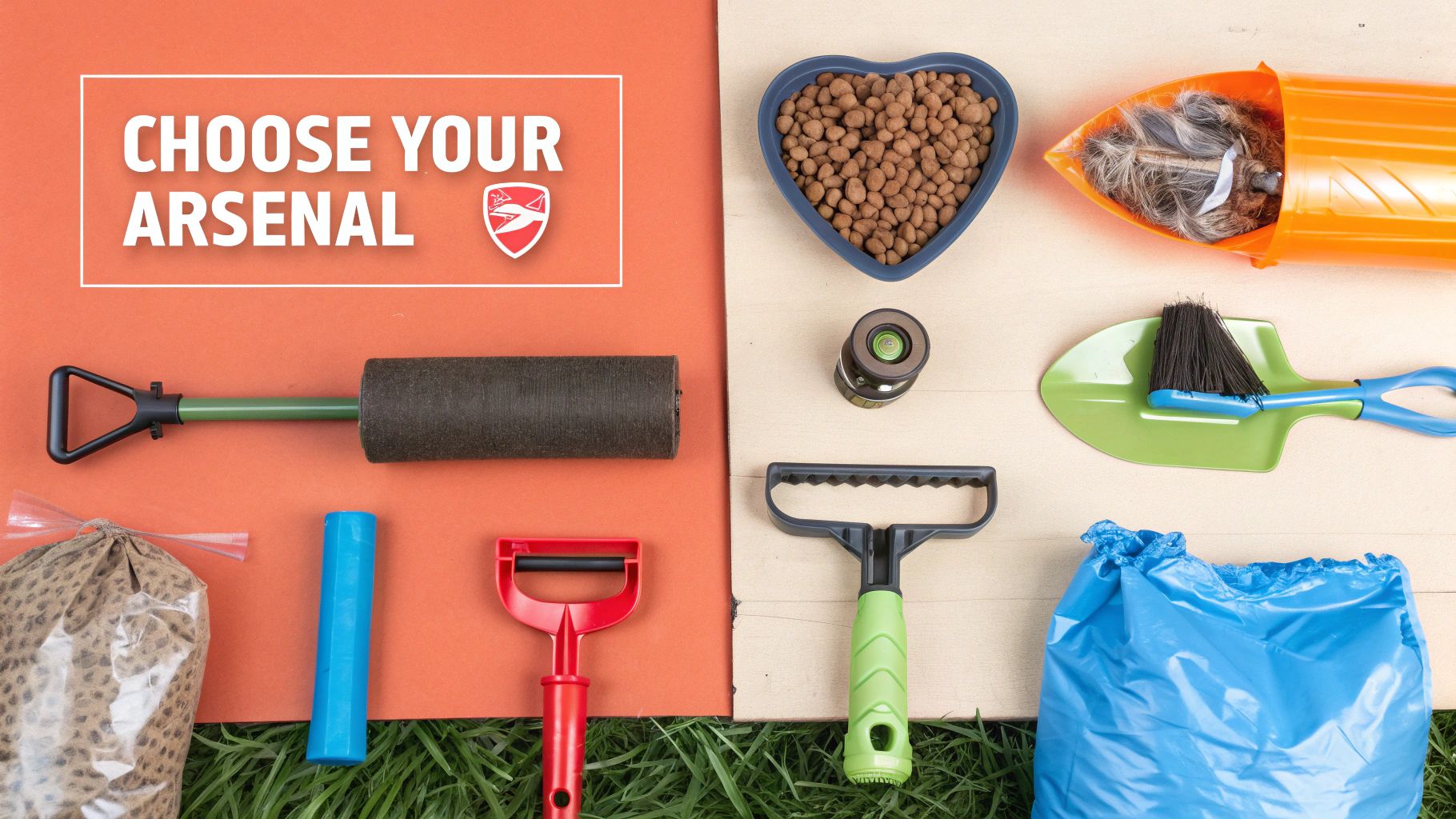 A selection of dog waste bags and a pooper scooper arranged on a clean background.