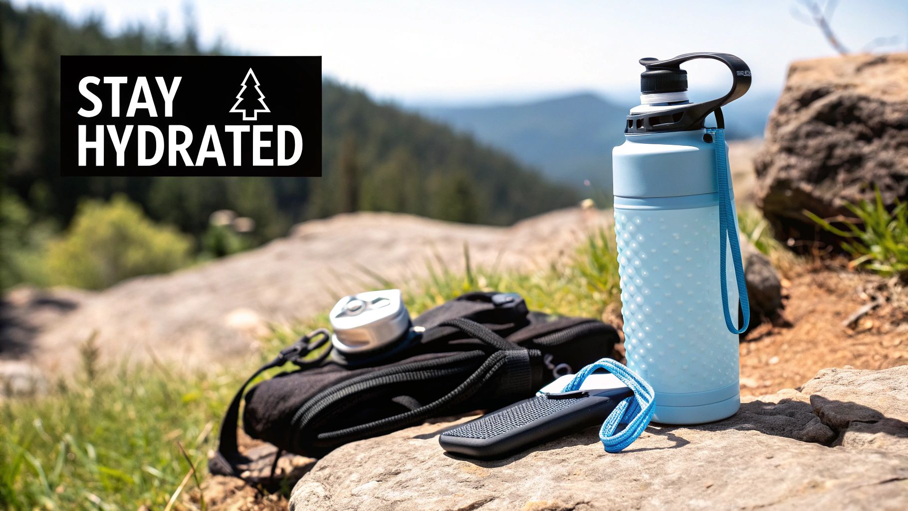 A hiker drinking water from a hydration bladder hose, illustrating proper on-trail hydration.