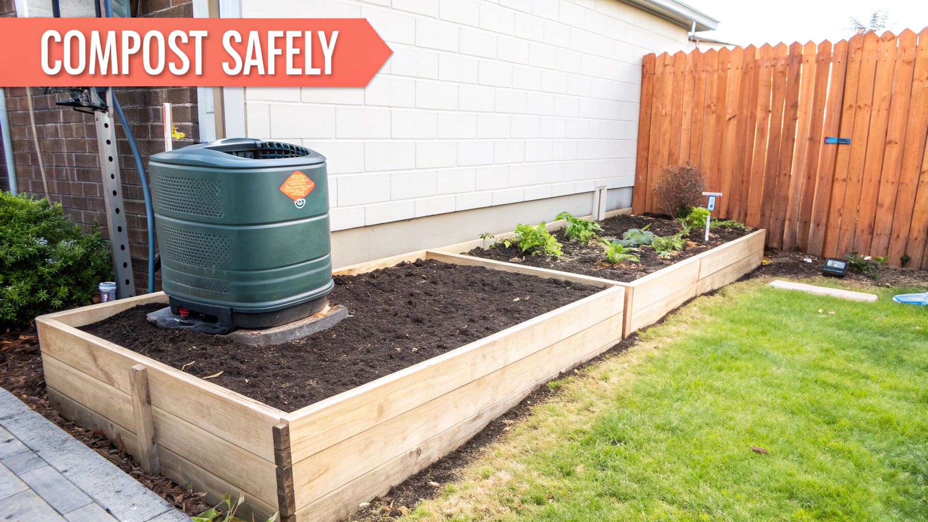 A lush green garden with a compost bin in the corner, representing an eco-friendly approach to waste.