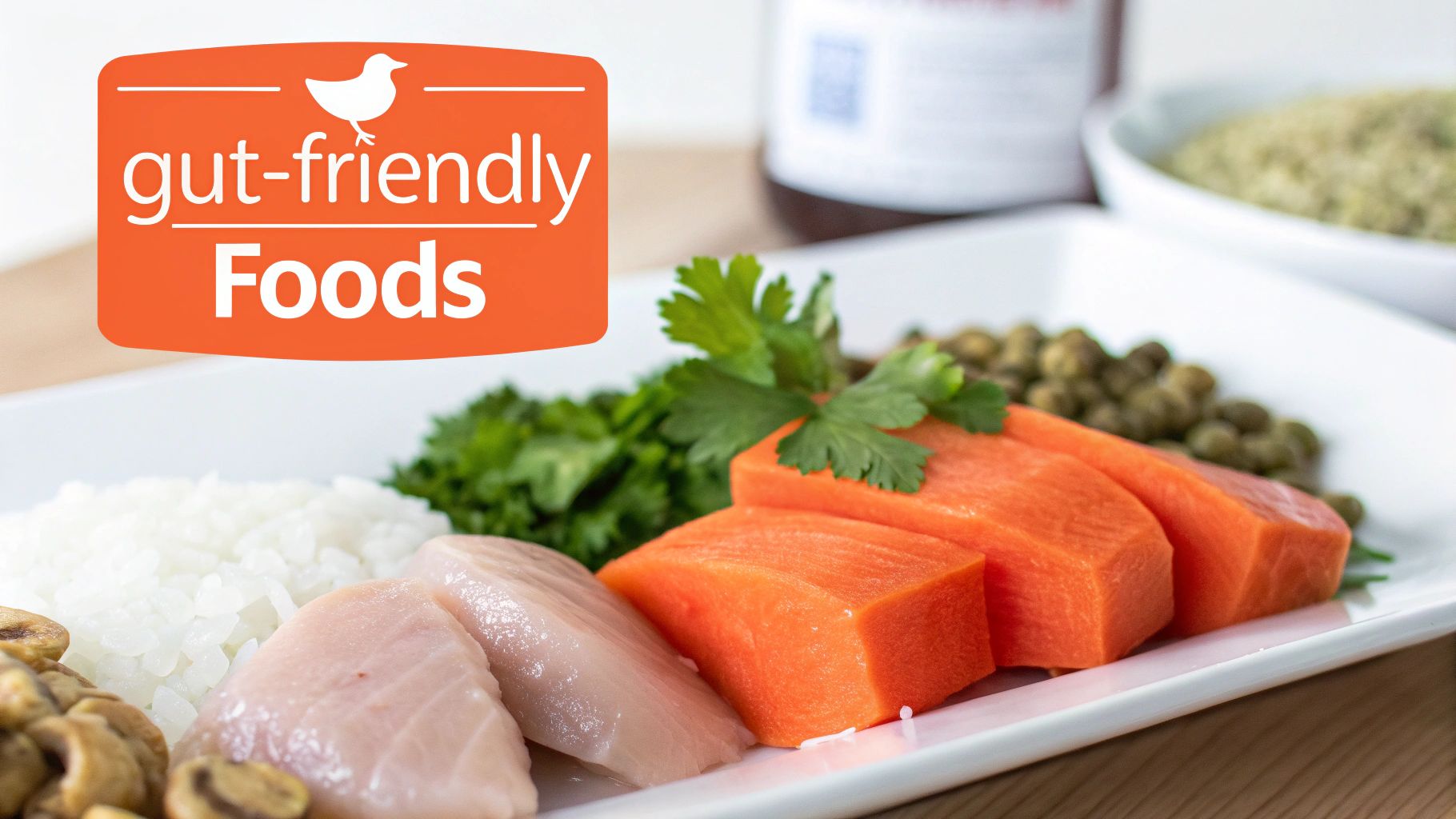 A close-up of a bowl of specialized dog food with healthy ingredients like fish, sweet potato, and peas.