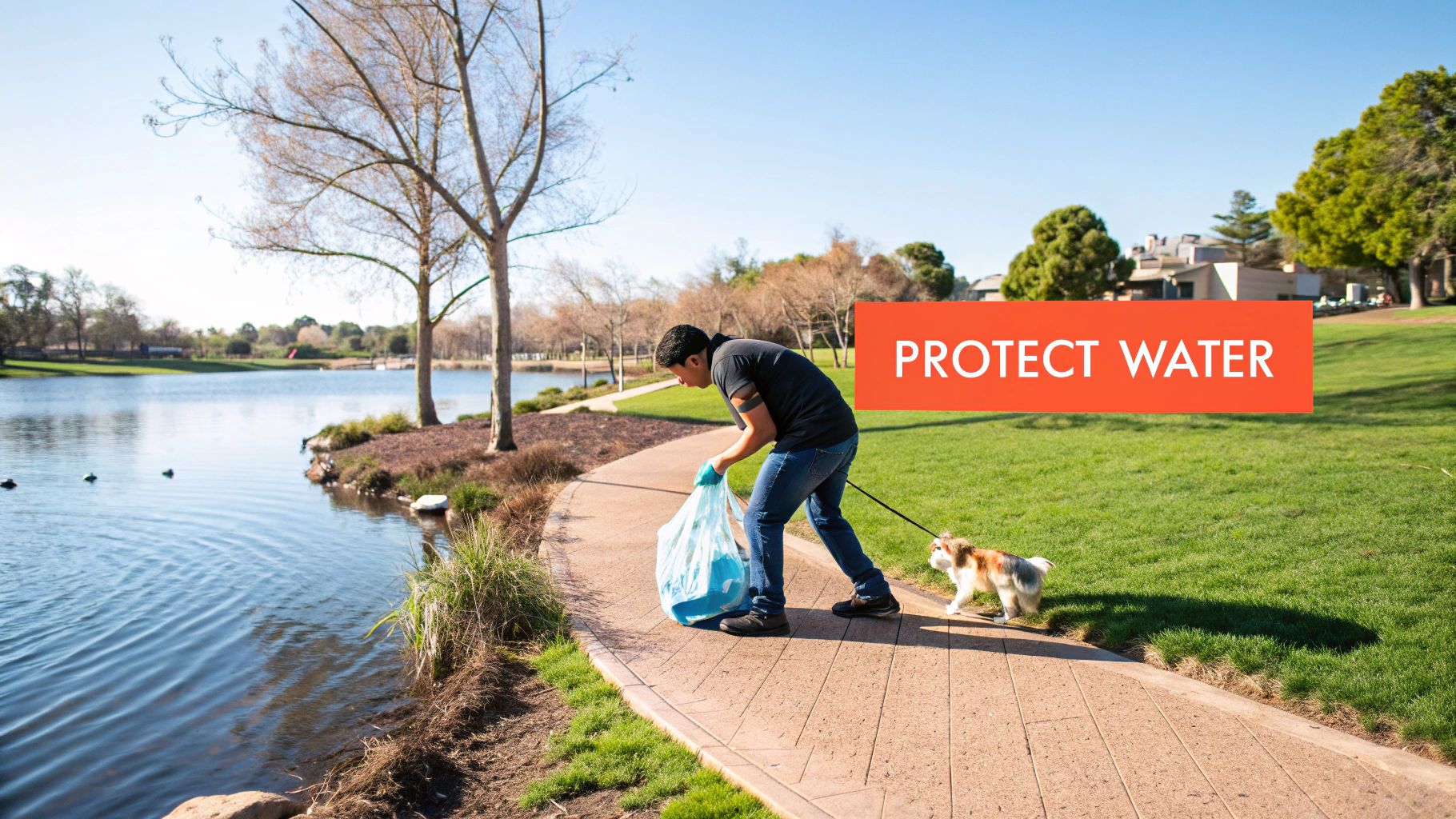 A person picking up dog waste with a pooper scooper in a grassy park.