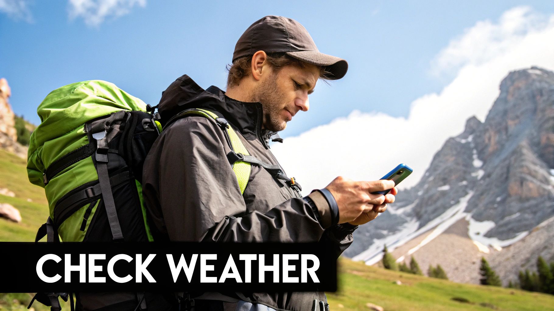 A hiker checking the weather on their phone before heading out on a trail with mountains in the background.
