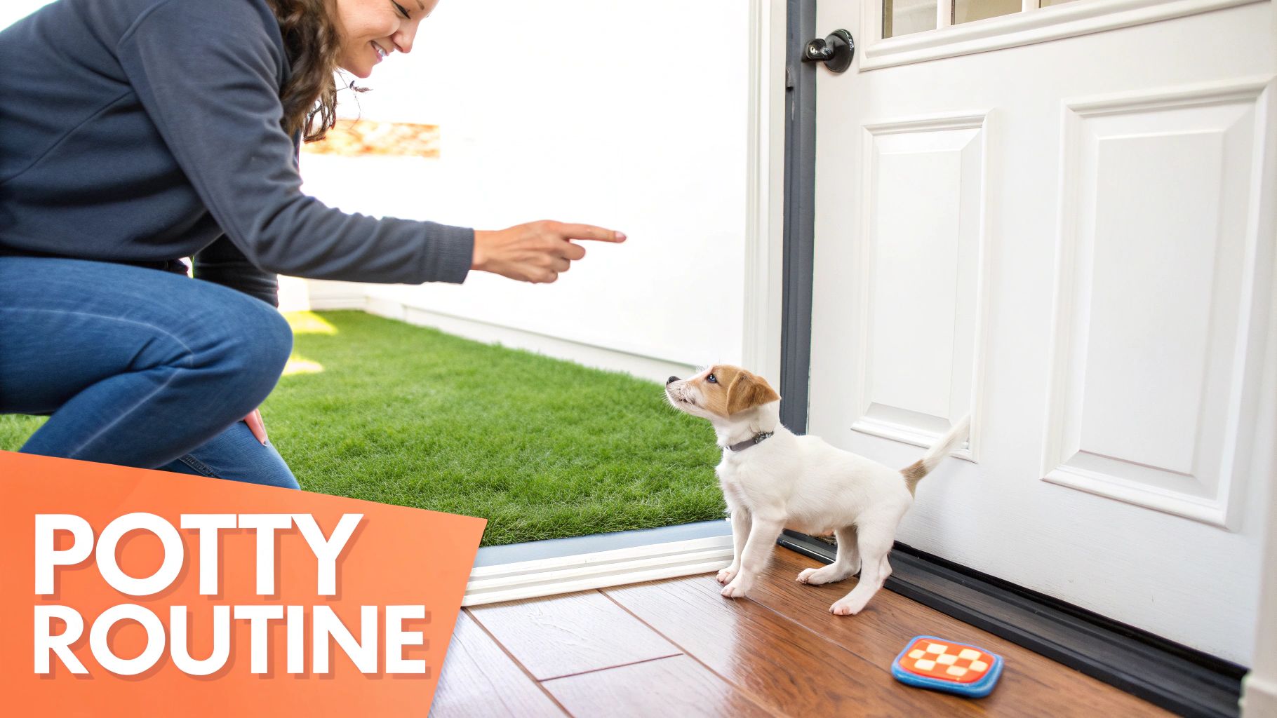 Dog owner cleaning up an accident on a light-colored rug with paper towels.