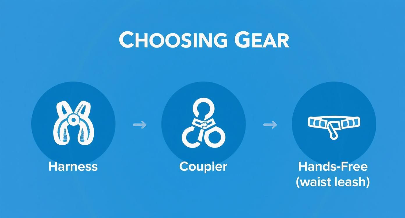 Diagram illustrating gear selection for walking multiple dogs: harness, coupler, and hands-free waist leash.