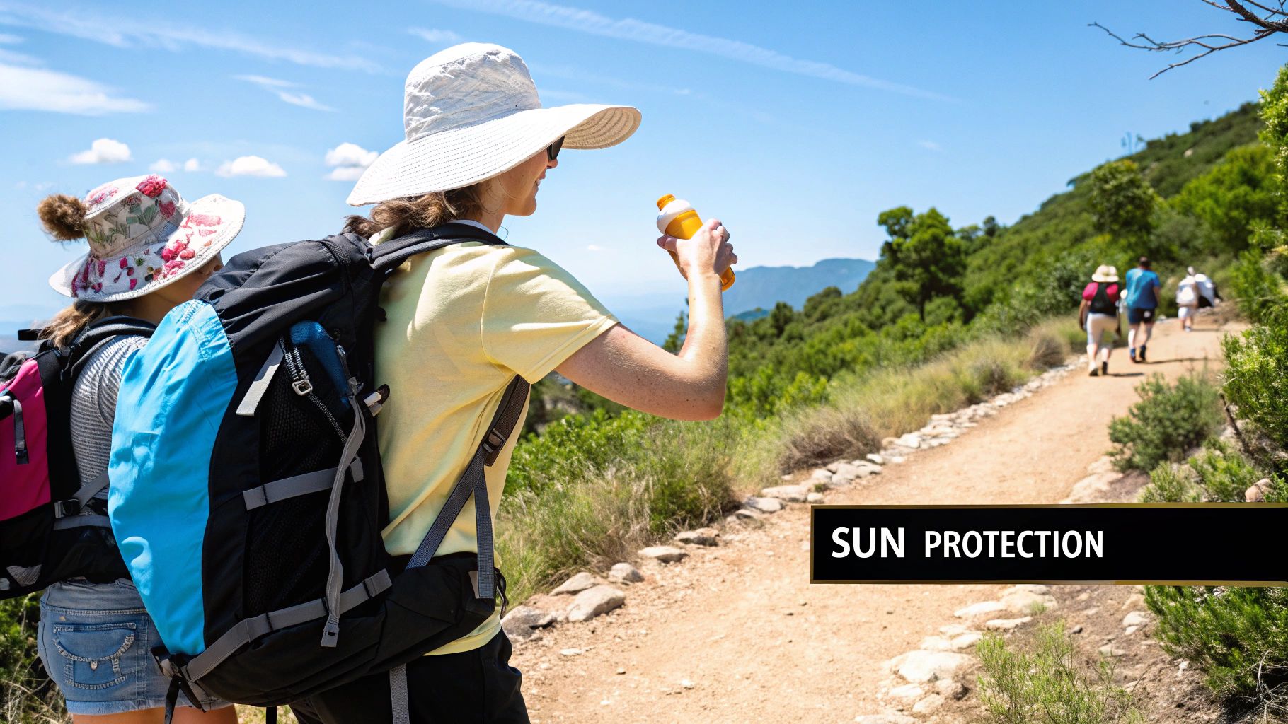 A hiker checking their gear and water bottle before a long hike in sunny conditions